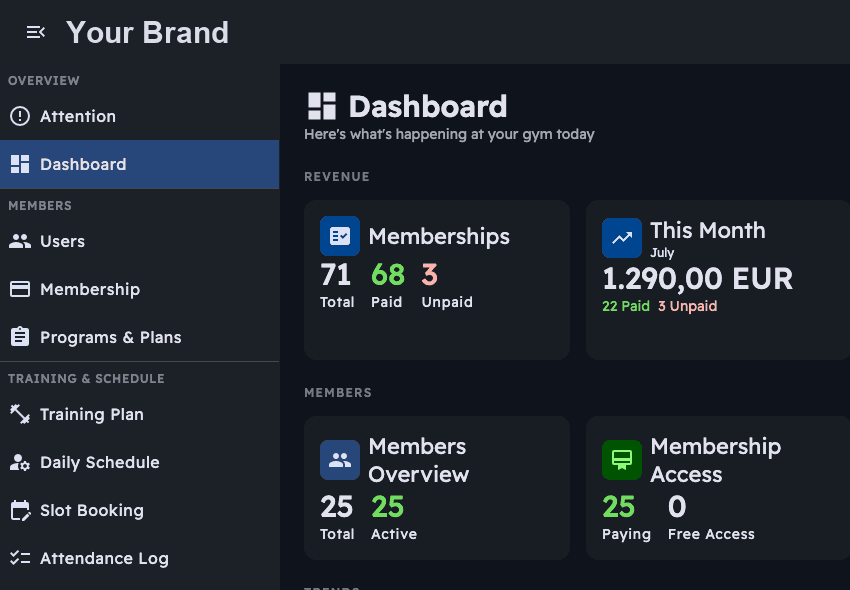 Box HQ dashboard za vlasnike sa prihodima, članstvima i dolascima