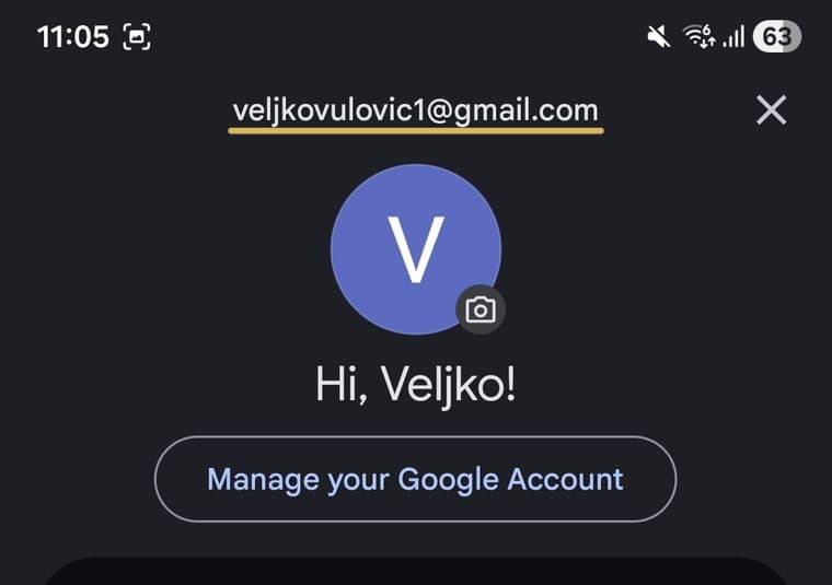 Google account panel with the email address at the top underlined in gold
